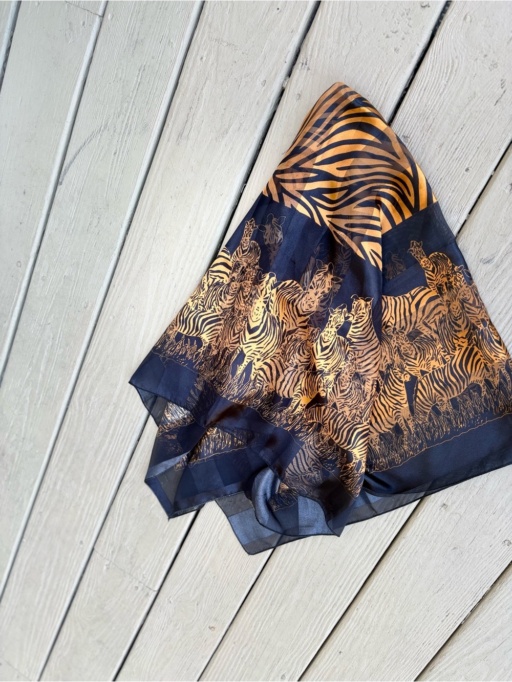 NWOT Silk-Feel Zebra Print Scarf in Black and Gold, Size: 38” x 38”
